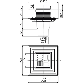 ALCA APV2324 Podlahový vpust 105×105/50/75 mm priama, mriežka nerez, zápachová uzávera SMART