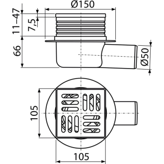 ALCA APV26 Podlahový vpust 105×105/50 mm bočný, mriežka nerez, vodná zápachová uzávera