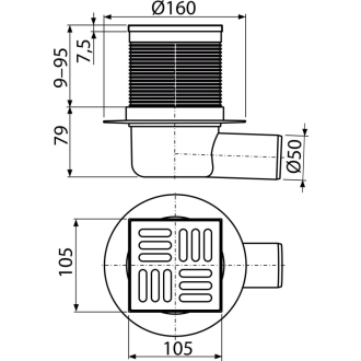 ALCA APV31 Podlahový vpust 105×105/50 mm bočný, mriežka nerez, zápachová uzávera SMART