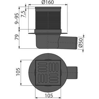 ALCA APV31BLACK Podlahový vpust 105×105/50 mm bočné, zápachová uzávera SMART