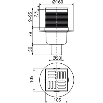ALCA APV32 Podlahový vpust 105×105/50 mm priama, mriežka, kombinovaná zápach. uzávera SMART