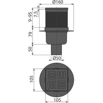 ALCA APV32BLACK Podlahový vpust 105×105/50 mm priama, zápachová uzávera SMART