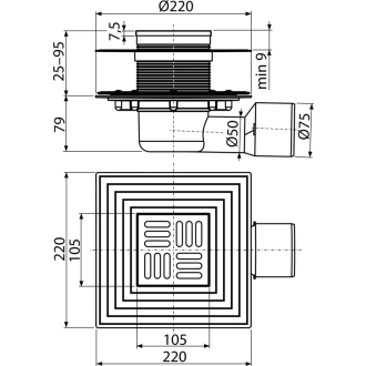 ALCA APV3344 Podlahový vpust 105×105/50/75 mm bočný, mriežka nerez, zápachová uzávera