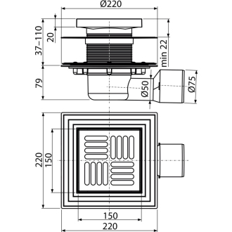ALCA APV3444 Podlahový vpust 150×150/50/75 mm bočný, mriežka nerez, zápachová uzávera