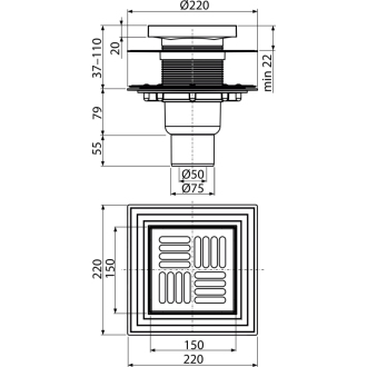 ALCA APV4444 Podlahový vpust 150×150/50/75 mm priama, mriežka nerez, zápachová uzávera
