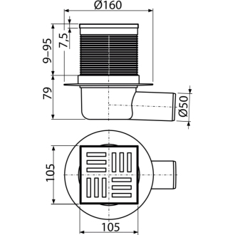 ALCA APV5111 Podlahový vpust 105×105/50 mm bočný, mriežka sivá, vodná zápachová uzávera