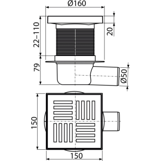 ALCA APV5211 Podlahový vpust 150×150/50 mm bočný, mriežka sivá, vodná zápachová uzávera
