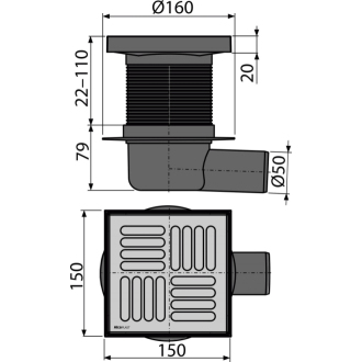 ALCA APV5411 Podlahový vpust 150×150/50 mm bočný, mriežka nerez, vodná zápachová uzávera