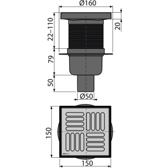ALCA APV6411 Podlahový vpust 150×150/50 mm priama, mriežka nerez, vodná zápachová uzávera