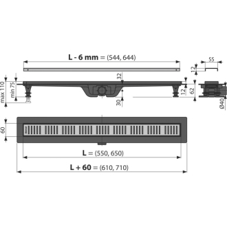 ALCA APZ10BLACK-550BRASS Simple - Podlahový žľab s okrajom pre perforovaný rošt, mosadz