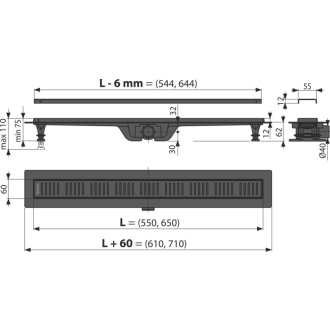 ALCA APZ10BLACK-550M Simple - Podlahový žľab s okrajom pre perforovaný rošt, čierna-mat
