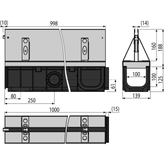 ALCA AVZ101-R124 Vonkajší žľab štrbinový so symetrickým nástavcom 160 mm, pozink. oceľ