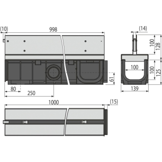 ALCA AVZ101-R323 Vonkajší žľab štrbinový so symetrickým nástavcom 100 mm, nerez
