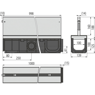 ALCA AVZ101-R324 Vonkajší žľab štrbinový so symetrickým nástavcom 160 mm, nerez
