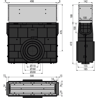 ALCA AVZ101R-R124R Vonkajší žľabový vpust štrbinový so symet. nástavcom 160, pozink. oceľ