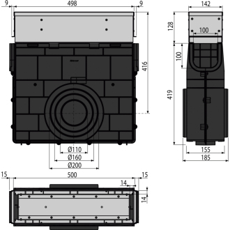 ALCA AVZ101R-R321R Vonkajší žľabový vpust štrbinový s asym. nástavcom 100 mm, nerez