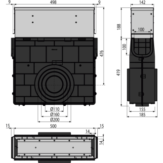 ALCA AVZ101R-R322R Vonkajší žľabový vpust štrbinový s asym. nástavcom 160 mm, nerez