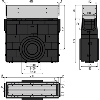 ALCA AVZ101R-R323R Vonkajší žľabový vpust štrbinový so symetrickým nástavcom 100mm, nerez