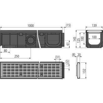 ALCA AVZ102-R103 Vonkajší žľab 100 mm s plastovým rámom a pozinkovaným roštom B125