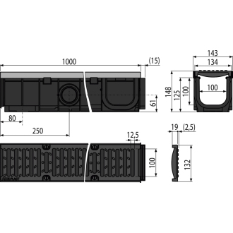ALCA AVZ103-R202 Vonkajší žľab 100 mm s kovovým rámom a liatinovým roštom C250