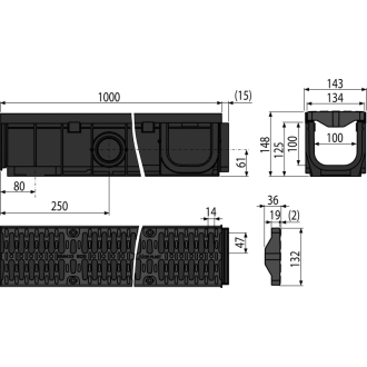 ALCA AVZ104-R402 Vonkajší žľab 100 mm s plastovým rámom a kompozitným roštom B125