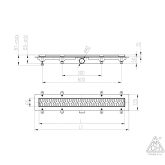 Podlahový linear. žľab 850 mm, bočné D40, klasick/floor mat s nerez. rámčekom CH 850 KN 1