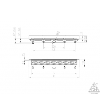 Podlahový linear. žľab k stene 750 mm, bočné D40, floor lesk s nerez. rámčekom CH 750 KN 2
