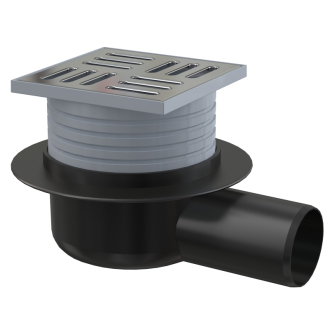 ALCA APV26 Podlahový vpust 105×105/50 mm bočný, mriežka nerez, vodná zápachová uzávera