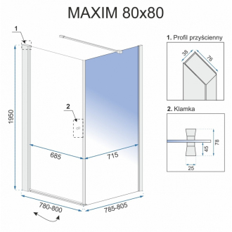 Rea sklenený kút priehľadný bez vaničky 80x80x195 Maxim REA-K0268