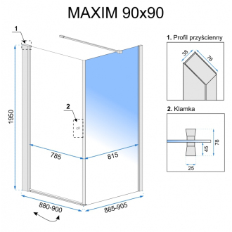 Rea sklenený kút priehľadný bez vaničky 90x90x195 vľavo Maxim REA-K0263
