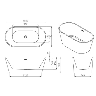 MEXEN FLAVIA vaňa voľne stojaca 150x75x58 bielo-čierna, 54031507575