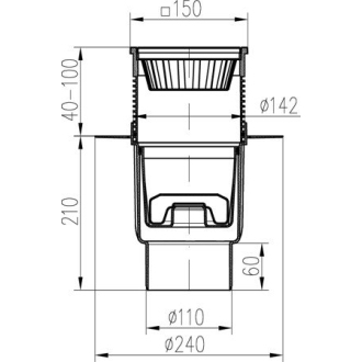 Kanalizačný vpust spodný D110 NEPTUN, golier, plastová mriežka 827 X