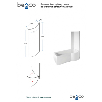 BESCO vaňa INSPIRO 160 1600x700 mm, vrátane vaňovej zásteny, ľavé, bez nôh VANINSPIR160L
