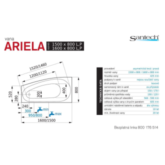Santech Ariela 1500 x 800 L vaňa SAARI150L