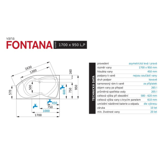 Santech Fontana 1700 x 950 L vaňa SAFON170L