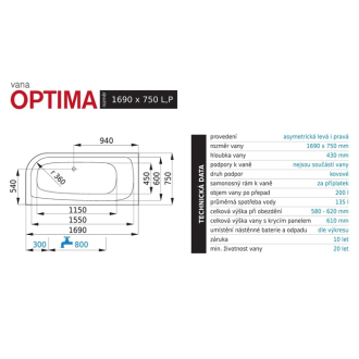 Santech Optima 1690 x 750 P vana SAOPT169P