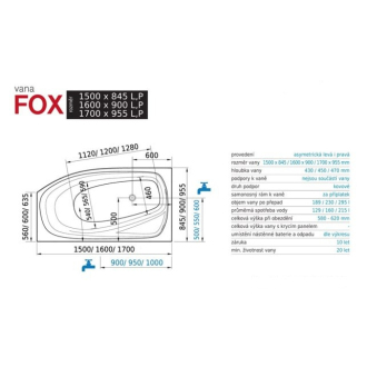 Santech Fox 1600 x 900 L vana - výpust 80 cm - bez panelu SAFOX160L
