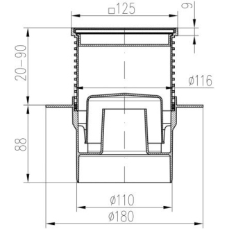 Podlahová vpusť spodná D110, golier, nerez rámček, mriežka STEEL S1 421 L