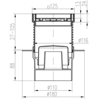 Podlahová vpusť spodná D110, golier, nerez rámček, mriežka STEEL S1 421 L