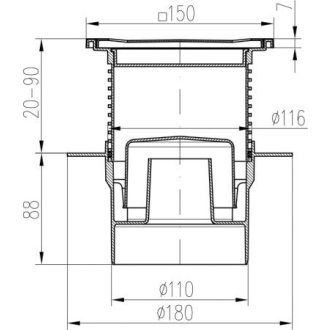 Podlahová vpusť spodná D110, golier, nerez rámček, mriežka STEEL S1 421 L