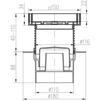 Podlahová vpusť spodná D110, golier, nerez rámček, mriežka STEEL S1 421 L