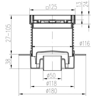 Podlahová vpusť spodná D50, golier, nerez rámček, mriežka STEEL S1 420 L