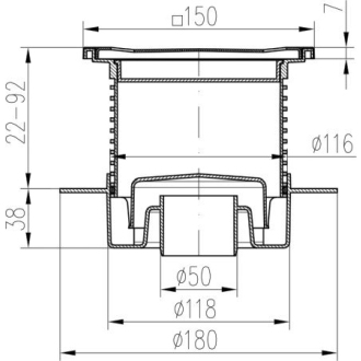 Podlahová vpusť spodná D50, golier, nerez rámček, mriežka STEEL S1 420 L