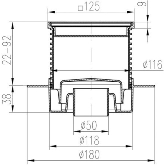 Podlahová vpusť spodná D50, golier, nerez rámček, mriežka STEEL S1 420 L