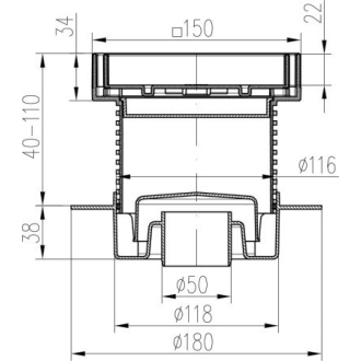 Podlahová vpusť spodná D50, golier, nerez mriežka FACE F1 420 L