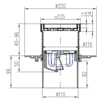 Podlahová vpusť spodná D110, nerez rámček, mriežka STEEL S1 386 A