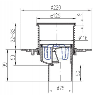 Podlahová vpusť spodná D75, nerez rámček, mriežka STEEL S1 385 A