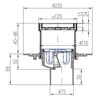 Podlahová vpusť spodná D75, nerez rámček, mriežka STEEL S1 385 A