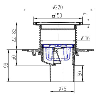 Podlahová vpusť spodná D75, nerez rámček, mriežka STEEL S1 385 A