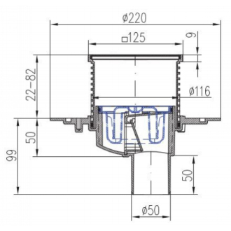 Podlahová vpusť spodná D50, nerez rámček, mriežka STEEL S1 384 A